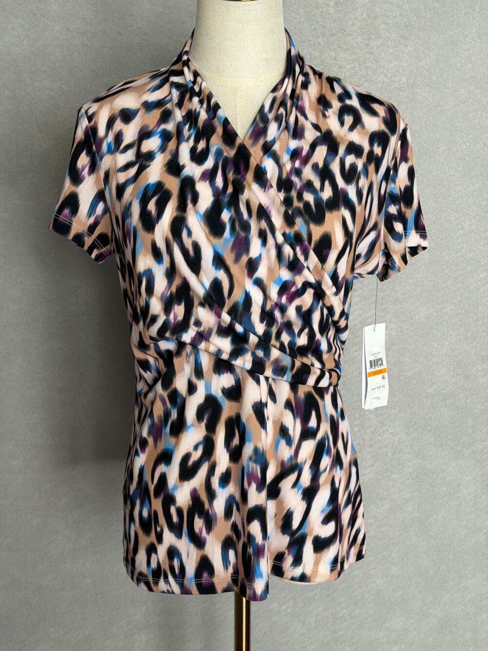 DKNY Faux Wrap Top Abstract Print Short Sleeve Women's Small NEW